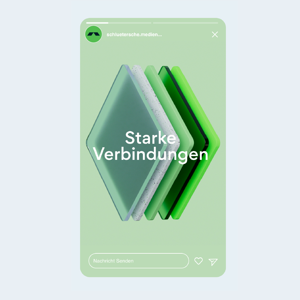 Grafik mit mehreren grünen, übereinanderliegenden Formen und dem Schriftzug 'Starke Verbindungen' – SC Brandbase Formensprache Formenrahmen