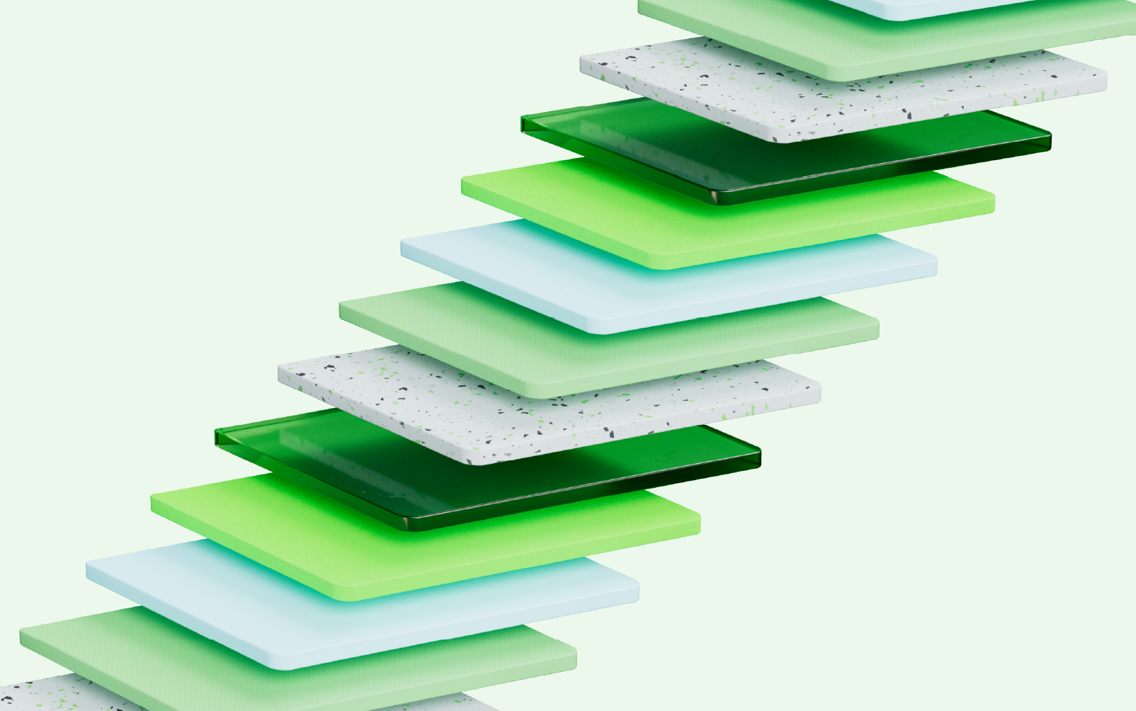 SC Brandbase Formensprache Keyvisual mit gestapelten, grünen und weißen Platten in moderner 3D-Optik