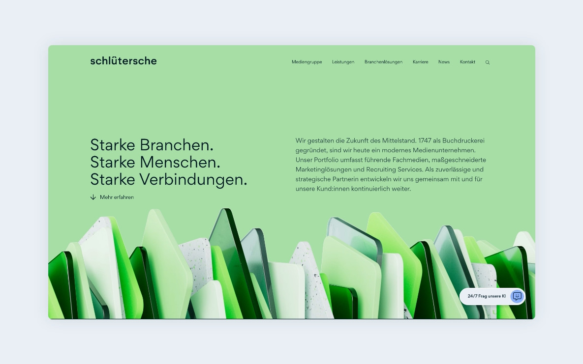 Startseite der Mediengruppe Gruppe 451 mit grünem Design und Slogan 'Starke Branchen. Starke Menschen. Starke Verbindungen.'