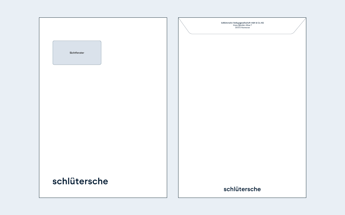 Briefumschläge mit Sichtfenster und Schlütersche Verlagsgesellschaft Logo