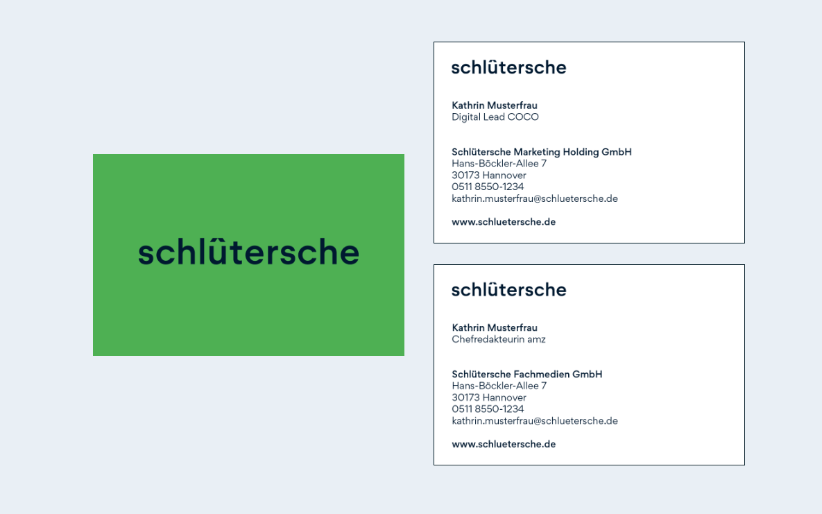 Visitenkarten der Schlütersche Marketing Holding GmbH und Schlütersche Fachmedien GmbH mit Kathrin Musterfrau, Hannover