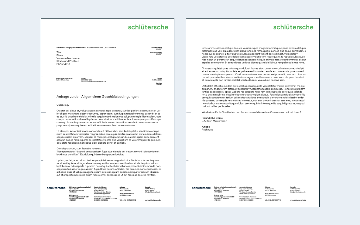 Zwei geschäftliche Briefe der Schlütersche Verlagsgesellschaft, Gruppe 457, Musteranschreiben mit Briefkopf und Textbeispiel.