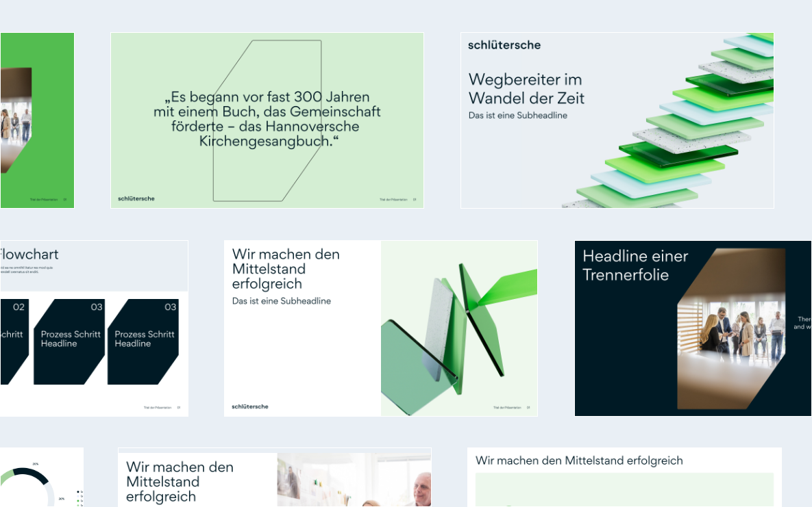 Präsentationsfolien der Schlütersche mit Zitaten, Headlines und modernen Grafikelementen