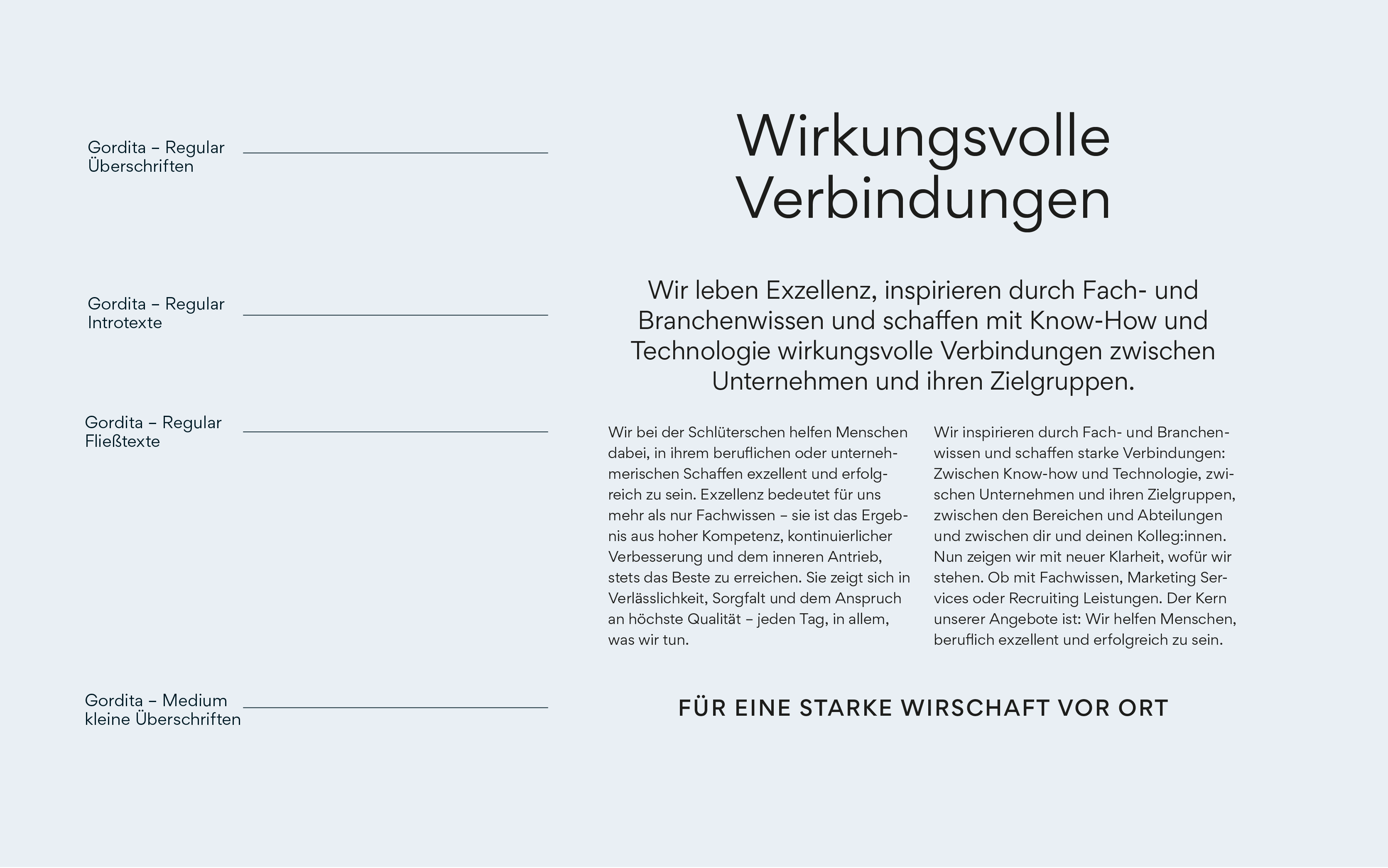 Beispiel für Typografie-Hierarchie im Brandbase-Designsystem mit dem Titel 'Wirkungsvolle Verbindungen' und erklärendem Text zu Exzellenz und Fachwissen.