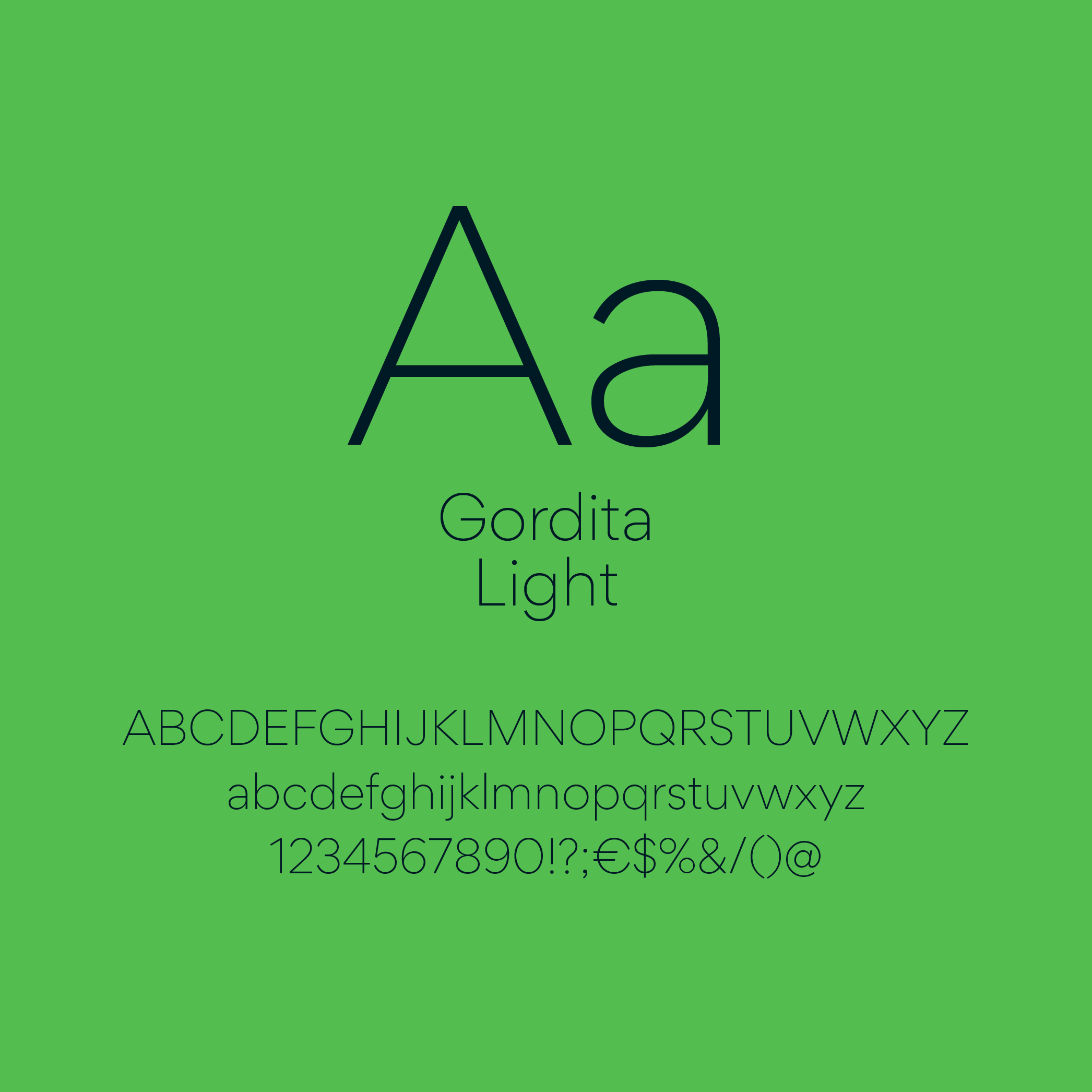 Typografie-Übersicht: Gordita Light Schriftart mit Groß- und Kleinbuchstaben sowie Sonderzeichen auf grünem Hintergrund