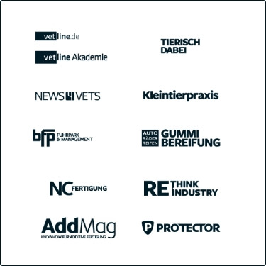 Logos von 10 Medienmarken aus der Medienaufschluetersche, darunter vetline.de, Kleintierpraxis, Gummibereifung und weitere