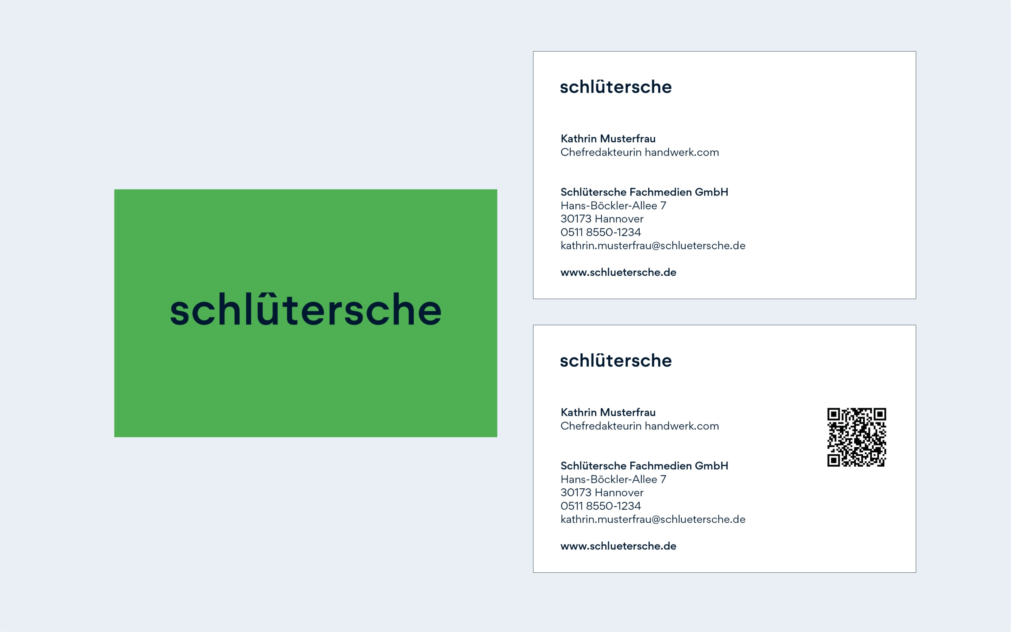 Co-Branding Visitenkarten der Schlütersche Fachmedien GmbH mit Beispielangaben von Kathrin Musterfrau, Hannover