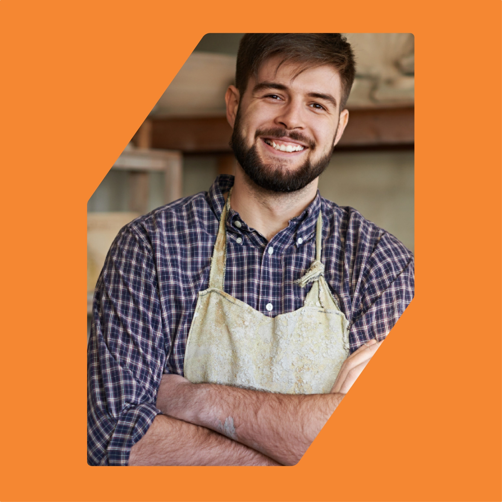 Co-Branding Beispiel mit Endkunde und moderner Formensprache, Handwerker mit Schürze