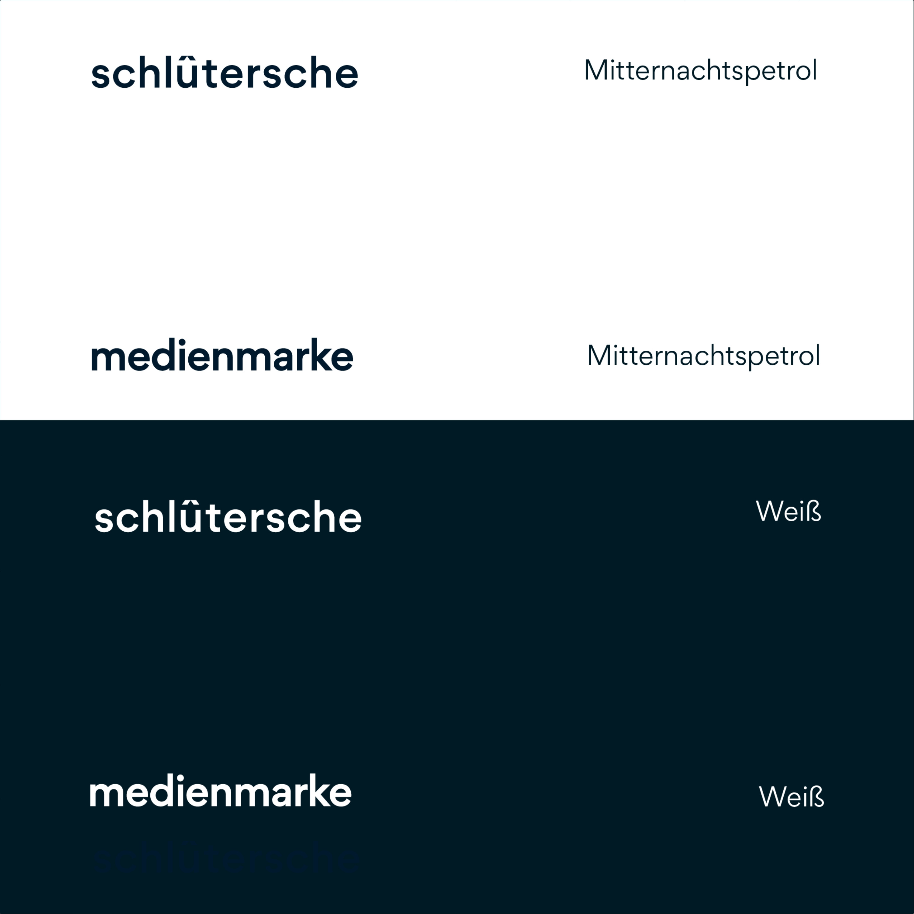 Co-Branding Beispiel mit schltersche und medienmarke in Mitternachtspetrol und Wei auf unterschiedlichen Hintergrnden, Positionierung der Werbepartner