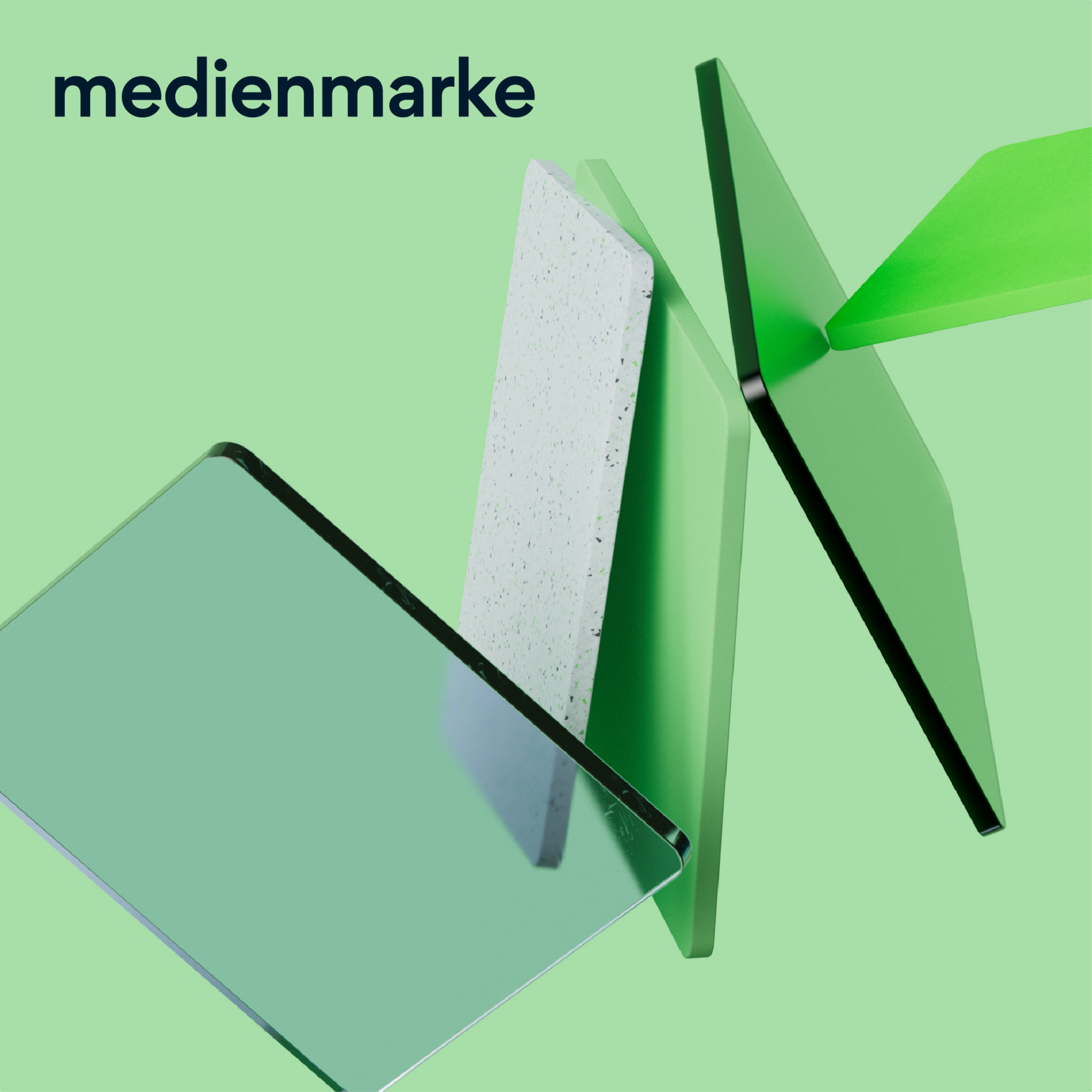 Co-Branding Werbepartner Formensprache – abstrakte grüne Formen und Spiegelung, medienmarke Branding