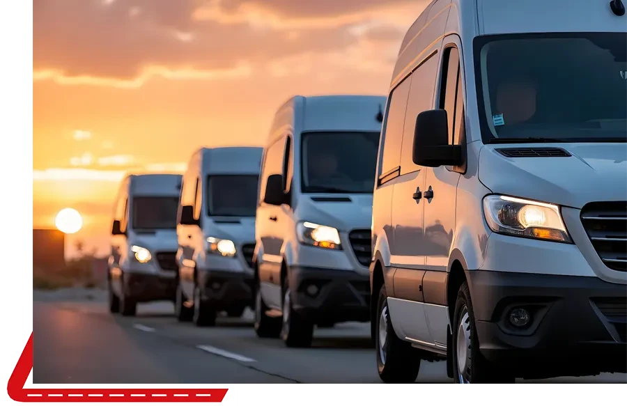 Weiße Transporter mit Rand bei Sonnenuntergang auf der Straße