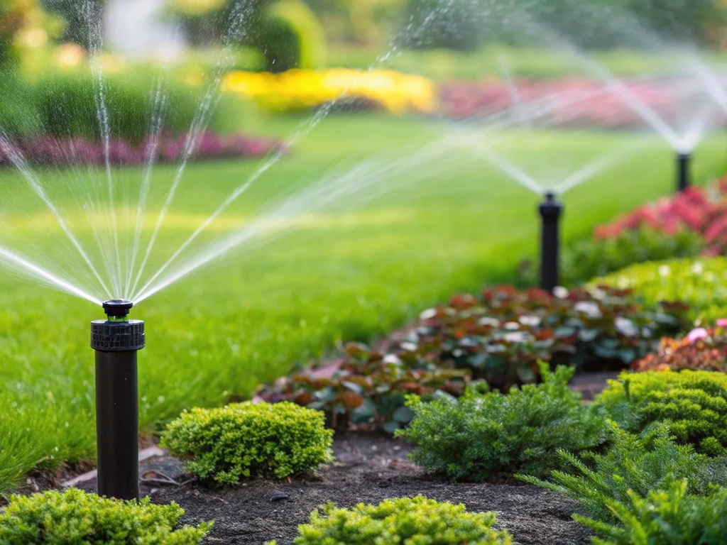 Automatische Gartenbewässerung mit Sprinkleranlage im gepflegten Garten