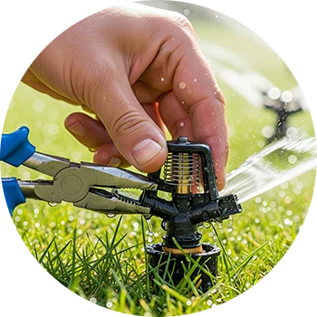 Bewässerung: Sprinkleranlage zur automatischen Rasenbewässerung – Wartung und Pflege Bewässerung eines Rasens mit Sprinkleranlage – Nahaufnahme einer Hand bei der Wartung