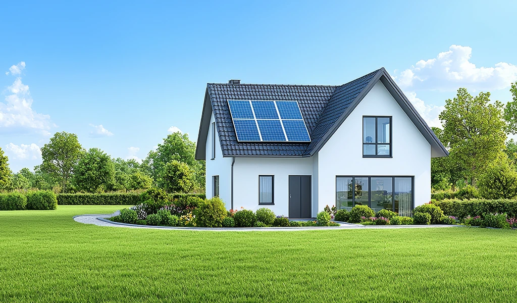 Modernes Einfamilienhaus mit Solaranlage auf dem Dach als Beispiel fr eine Privatanlage