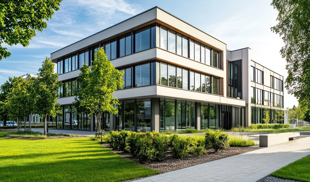 Modernes Gewerbegebäude mit Glasfassade und gepflegter Grünanlage bei Tageslicht