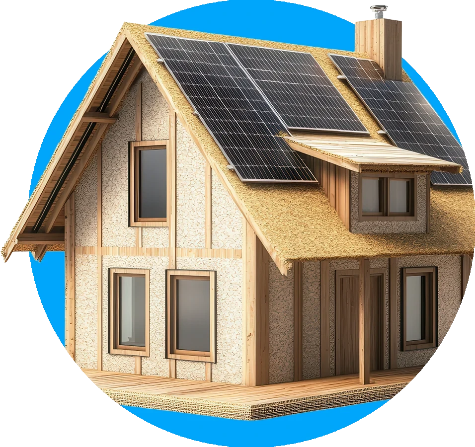 Wärmedämmung an einem modernen Holzhaus mit Solarpanels auf dem Dach