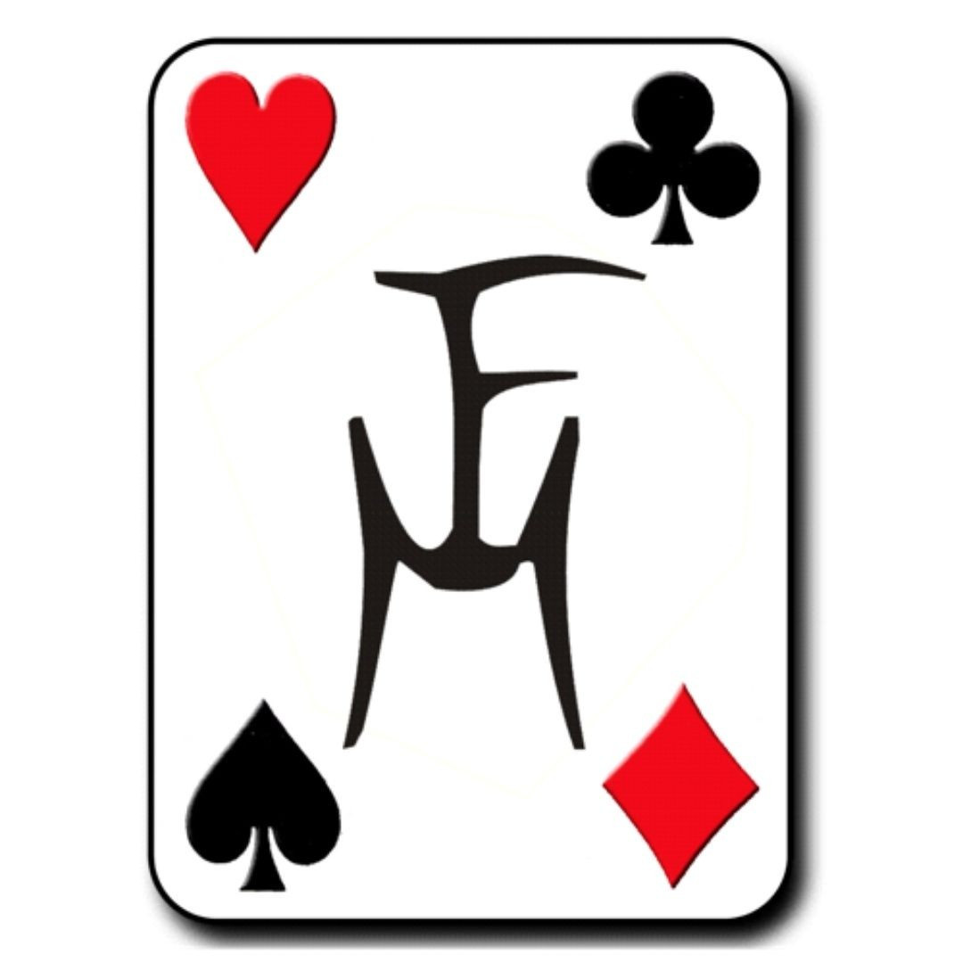 Spielkarte mit Mr Flo Logo und Kartensymbolen Herz, Kreuz und Karo