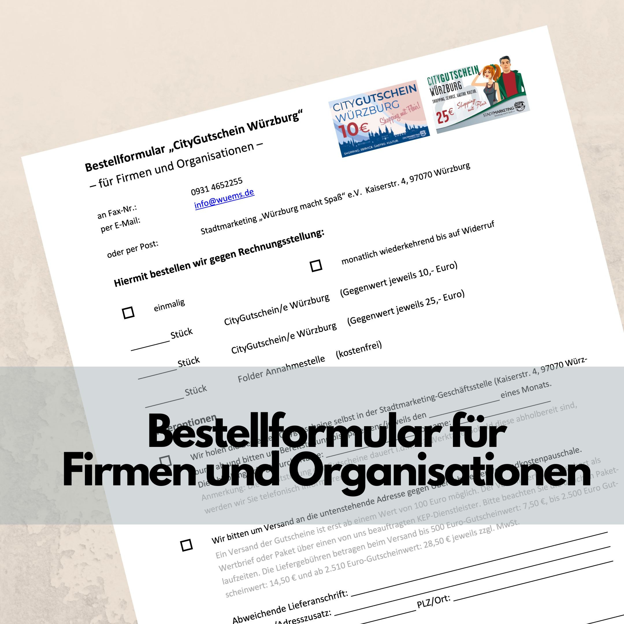 Bestellformular für CityGutschein Würzburg für Firmen und Organisationen