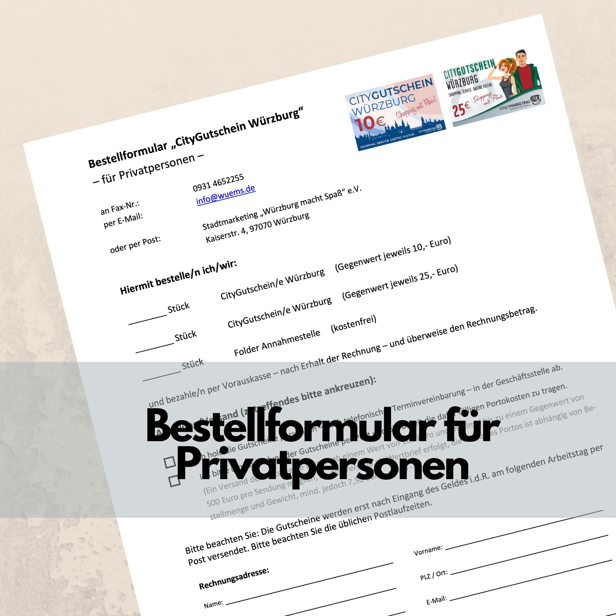 Bestellformular für CityGutschein Würzburg für Privatpersonen 2026