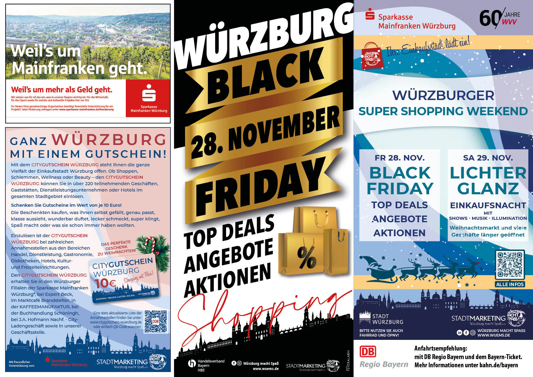 Flyer für Black Friday 28. November in Würzburg mit Angeboten, Aktionen und City-Gutschein, organisiert von Stadtmarketing und Sparkasse Mainfranken Würzburg.