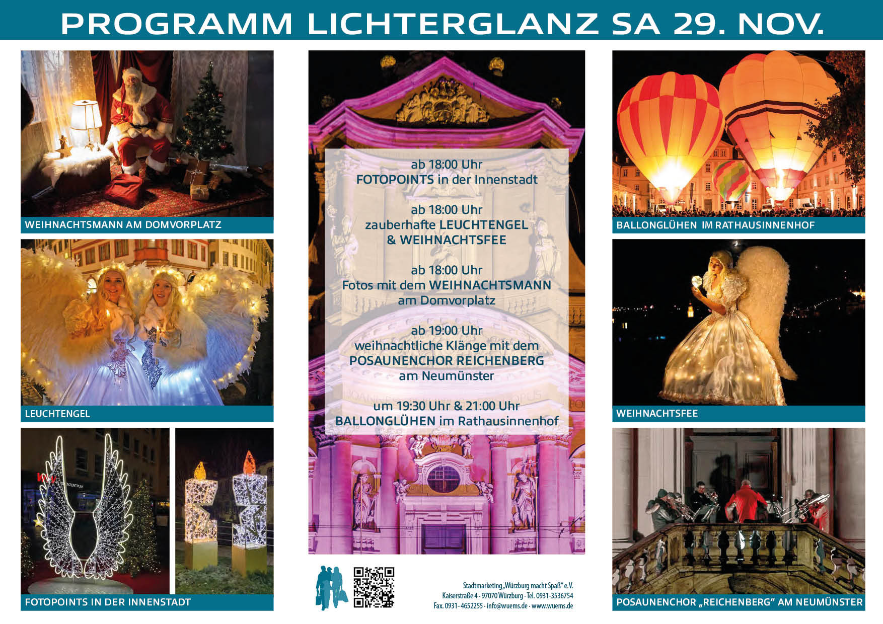 Flyer zum Lichterglanz-Programm am 29. November in Würzburg mit Weihnachtsmann, Leuchtengel, Weihnachtsfee, Ballonglühen und Posaunenchor Reichenberg.