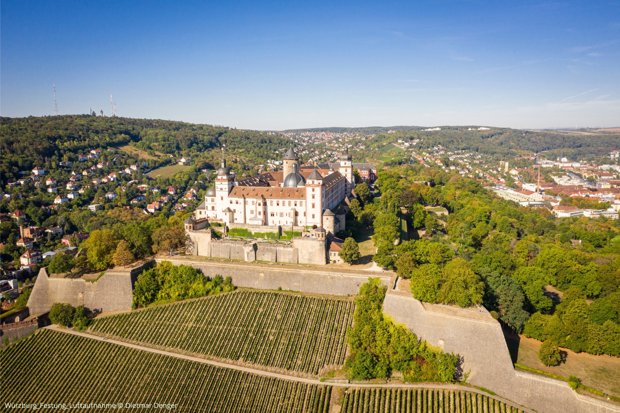 Luftaufnahme der Festung Marienberg in Würzburg mit Weinbergen, fotografiert von Dietmar Denger