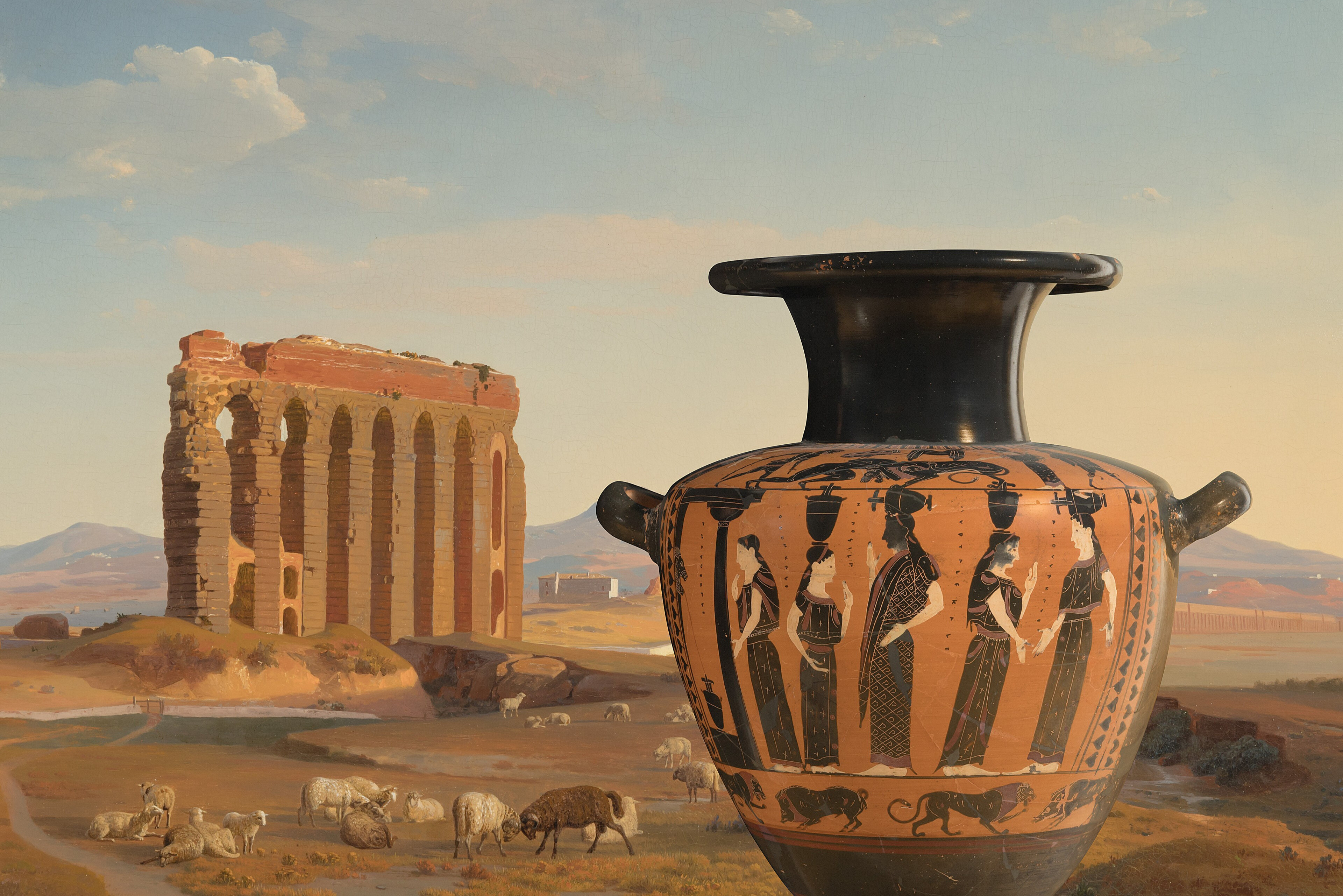 Antike griechische Vase vor Ruinen und Schafherde in mediterraner Landschaft