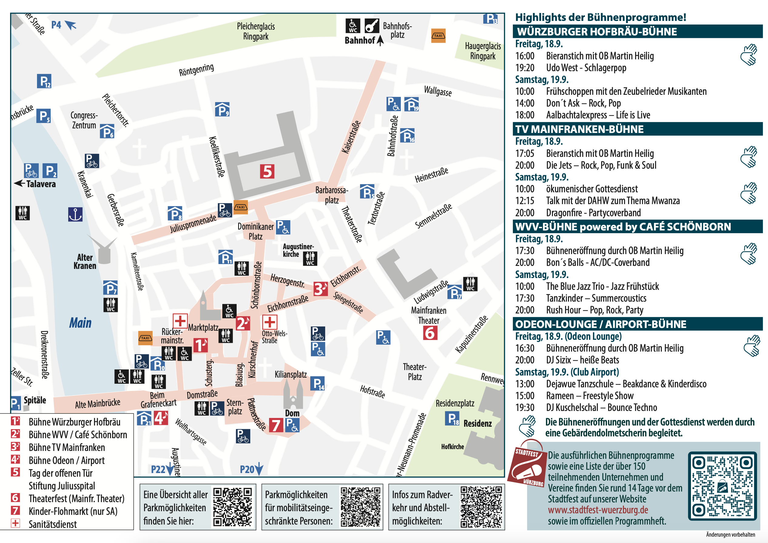Stadtfest Würzburg 2026: Stadtplan, Bühnenprogramm und Parkmöglichkeiten Stadtplan und Bühnenprogramm des Stadtfest Würzburg mit Parkmöglichkeiten und Veranstaltungsorten