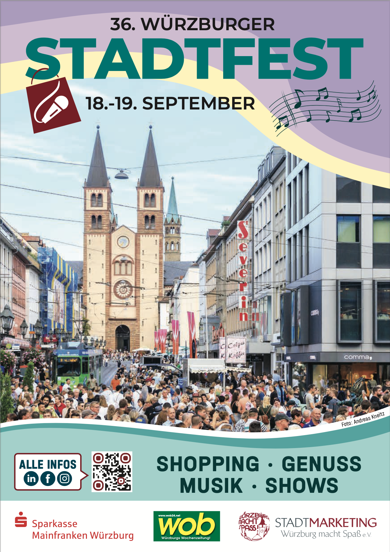 Veranstaltung in der Würzburger Innenstadt mit Blick auf den Dom St. Kilian und viele Menschen beim Shopping am 18. und 19. September