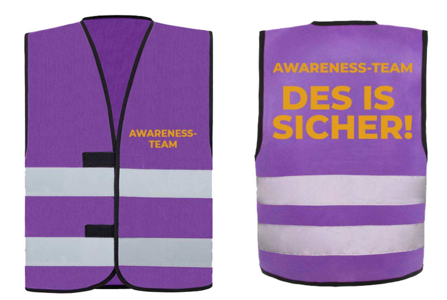 Lila Warnweste des Awareness-Teams mit reflektierenden Streifen und gelber Aufschrift