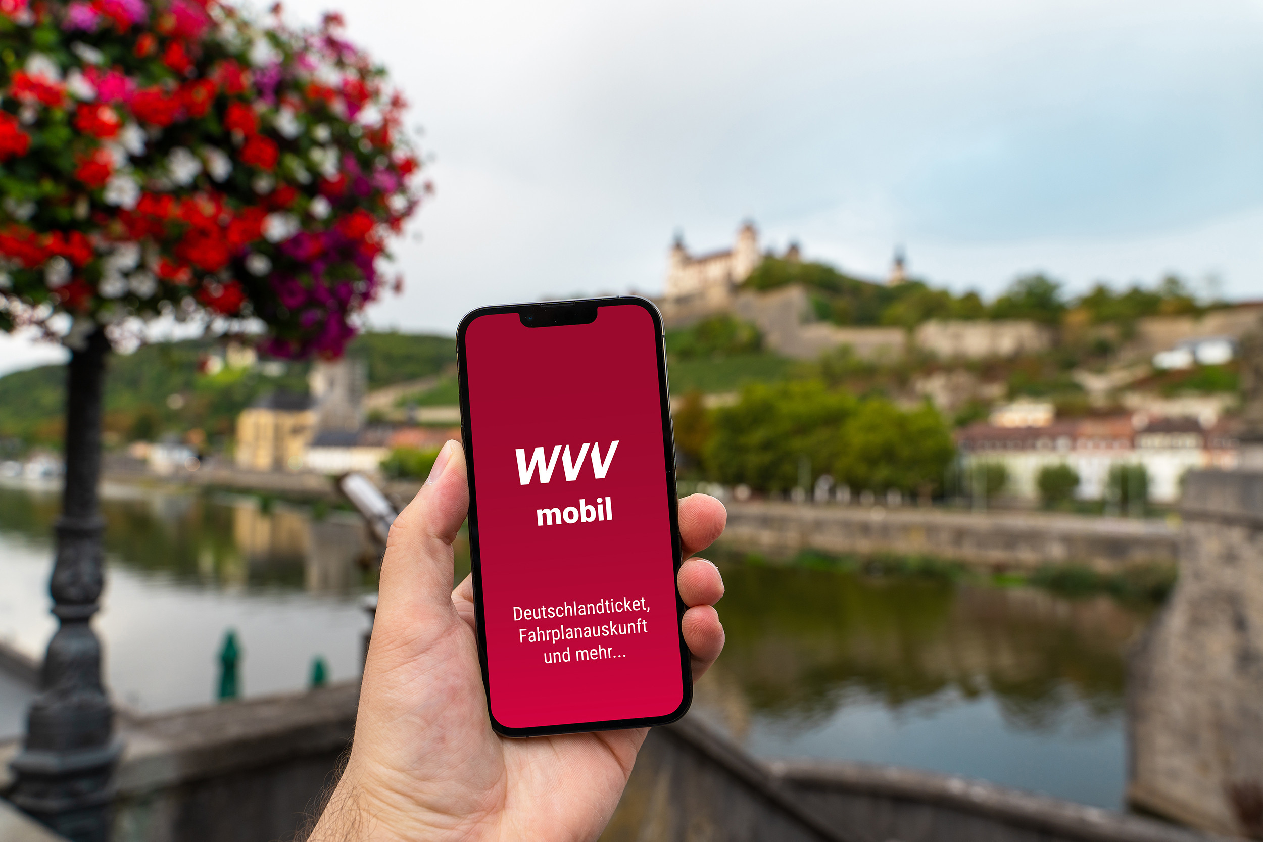 Hand hält Smartphone mit geöffneter WVV mobil App vor der Festung Marienberg in Würzburg