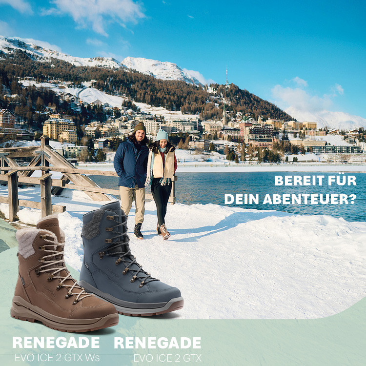 Winterlandschaft mit Paar am See, Renegade EVO ICE 2 GTX Wanderschuhe, Bannerbild für Outdoor-Abenteuer