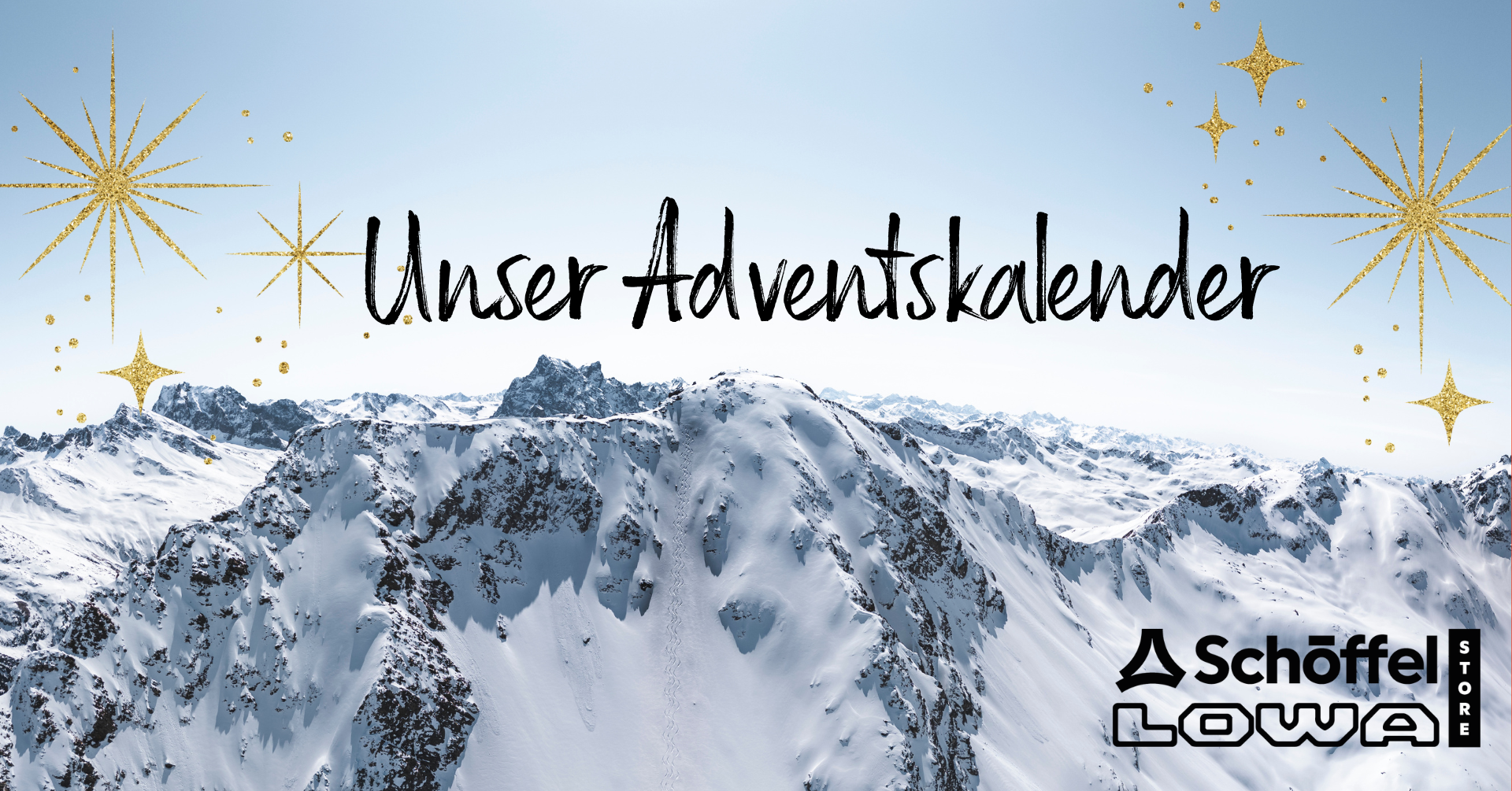 Schneebedeckte Berge mit Schriftzug 'Unser Adventskalender'