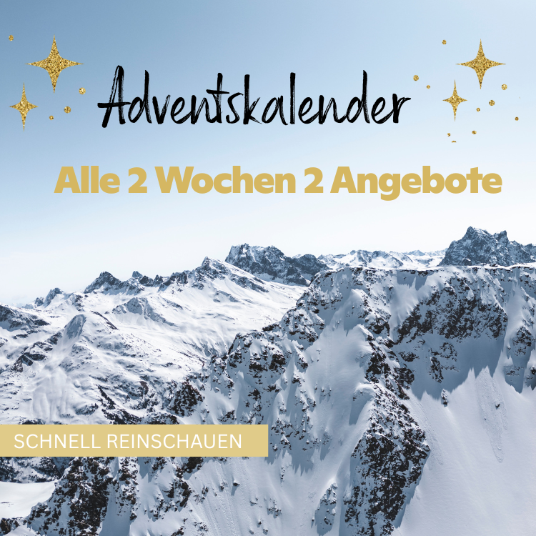 Adventskalender mit winterlicher Berglandschaft und Hinweis auf Angebote alle 2 Wochen