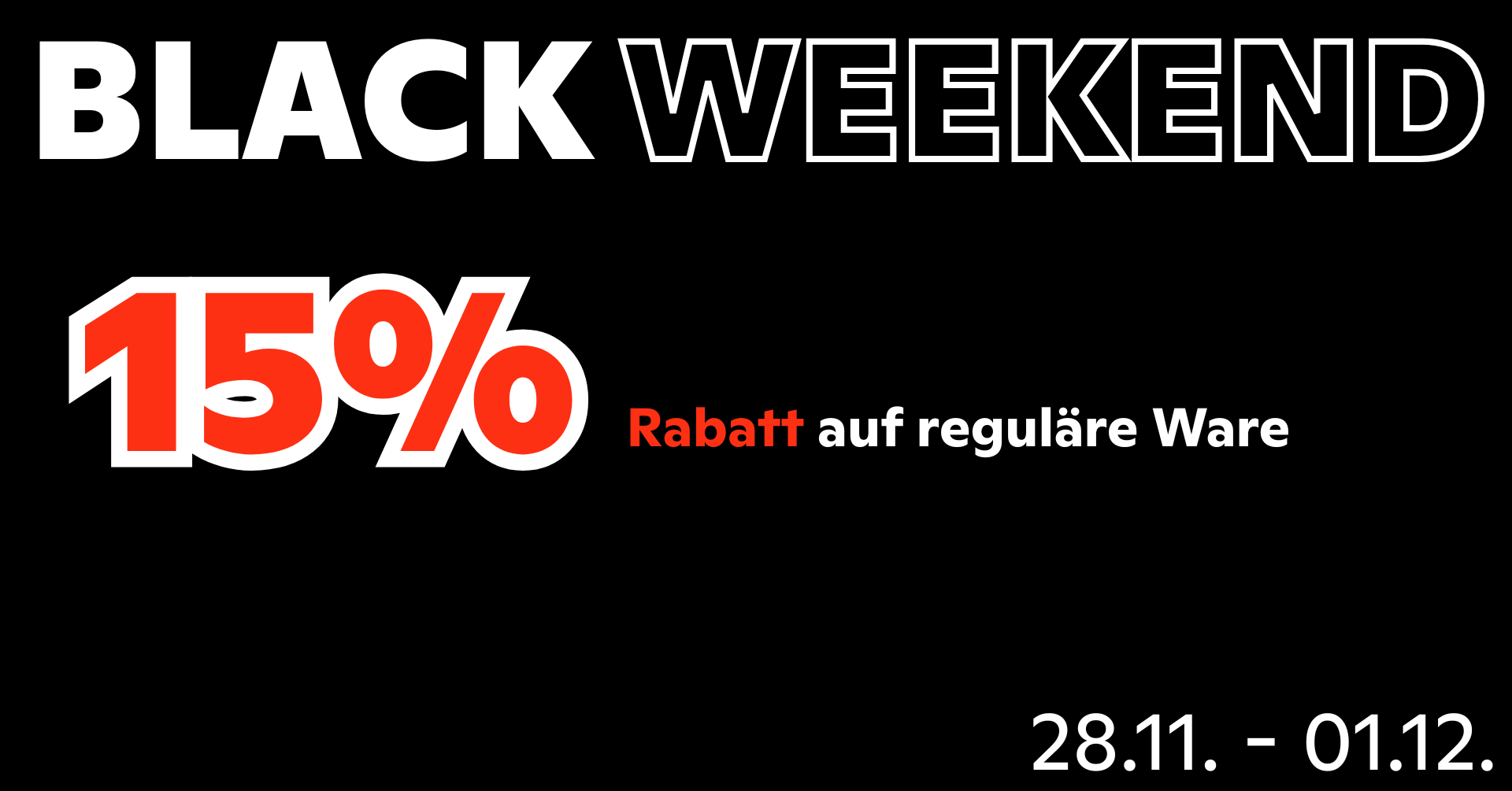 Black Weekend Rabattaktion mit Prozentzeichen und Hinweis auf Rabatt auf reguläre Artikel