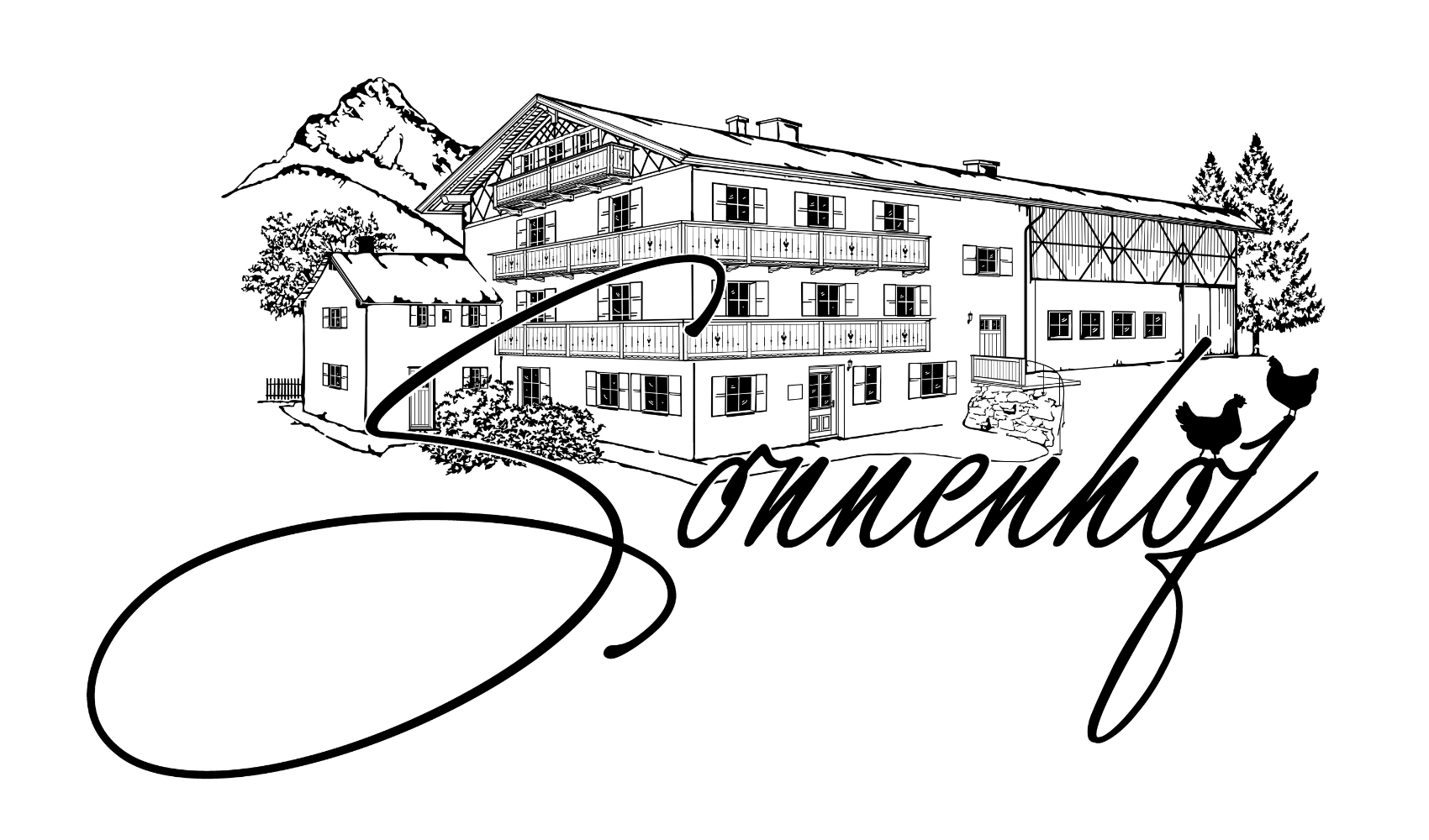 Illustration eines traditionellen bayerischen Hauses mit dem Schriftzug Sonnenhof