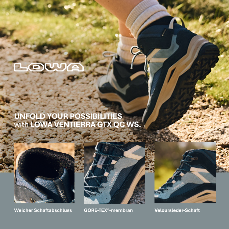 LOWA VENTIERRA GTX QC WS. Wanderschuhe mit GORE-TEX Membran und Veloursleder-Schaft auf Schotterweg