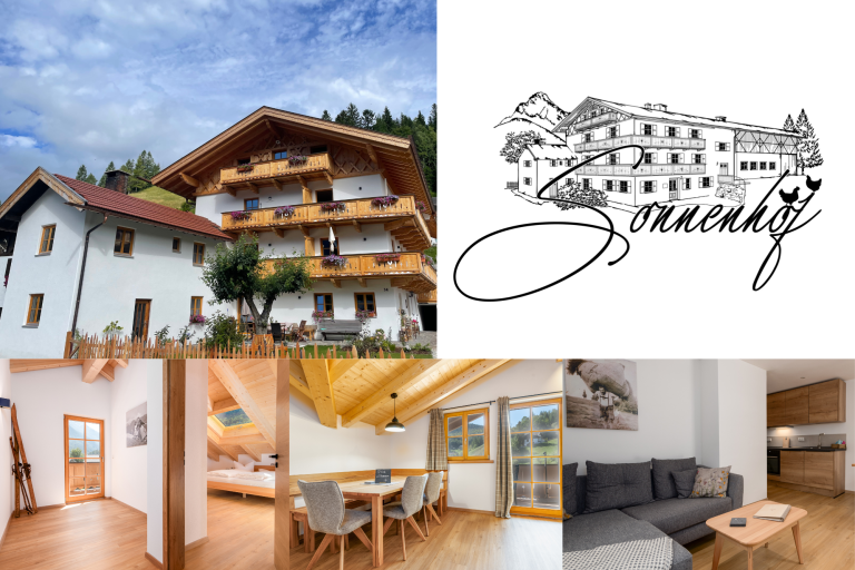 Alpen-Landhaus mit Logo und Innenansichten – 2000x1333-lp-bild-mitte Collage eines Alpen-Landhauses mit Logo, Schlafzimmer, Essbereich und Wohnzimmer, 2000x1333-lp-bild-mitte