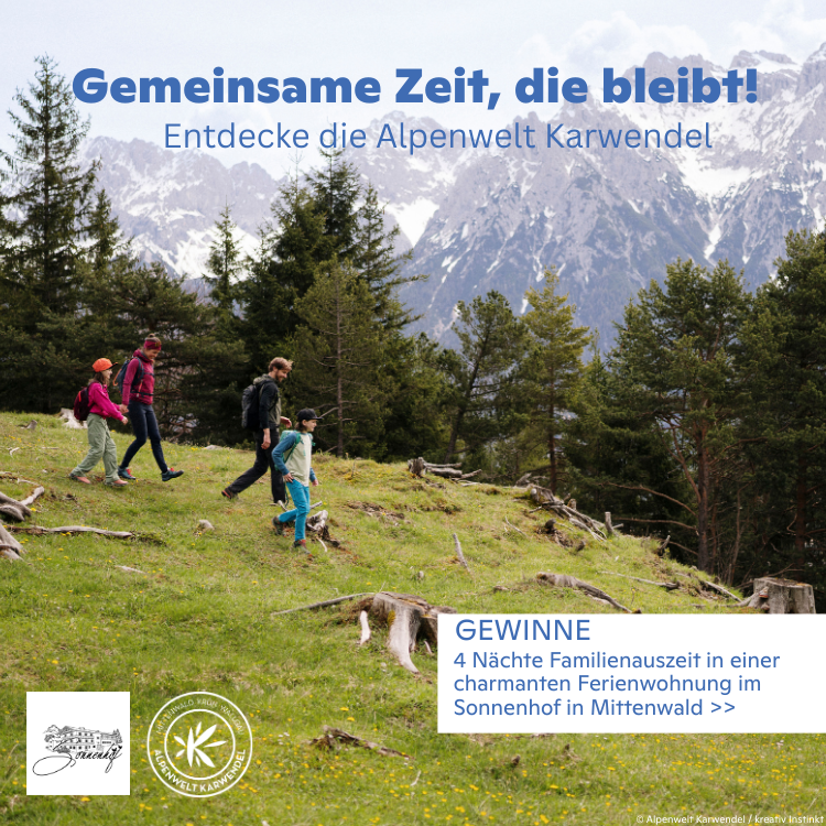 Familienwanderung in der Alpenwelt Karwendel mit Blick auf die Berge, Gewinnspiel für Familienauszeit im Sonnenhof Mittenwald
