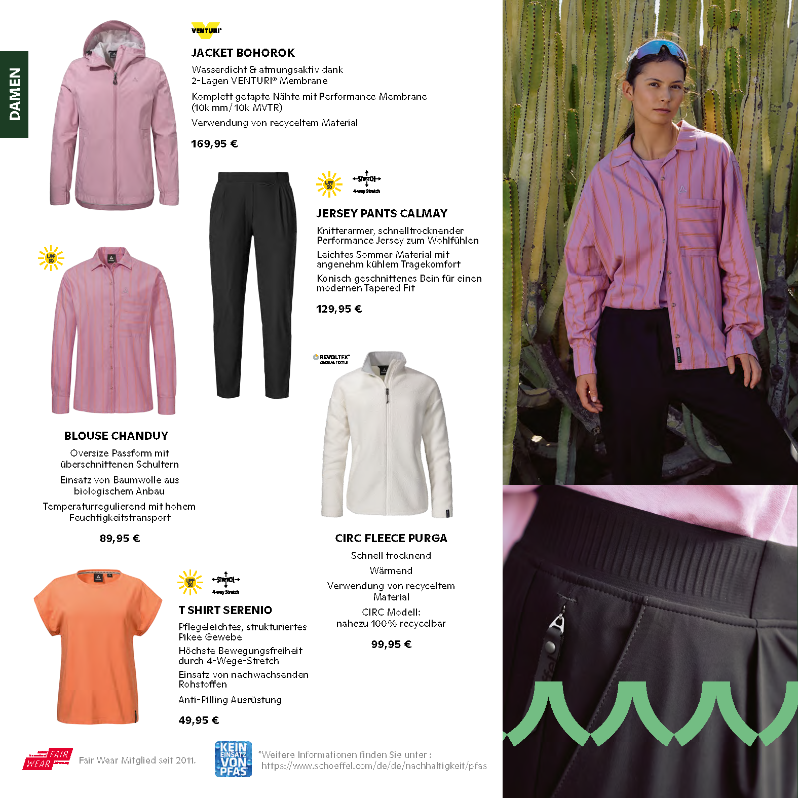 Damenmode im SLS Flyer FS26: Jacke Bohorok, Jersey Pants Calmay, Bluse Chanduy, Circ Fleece Purga und T-Shirt Serenio