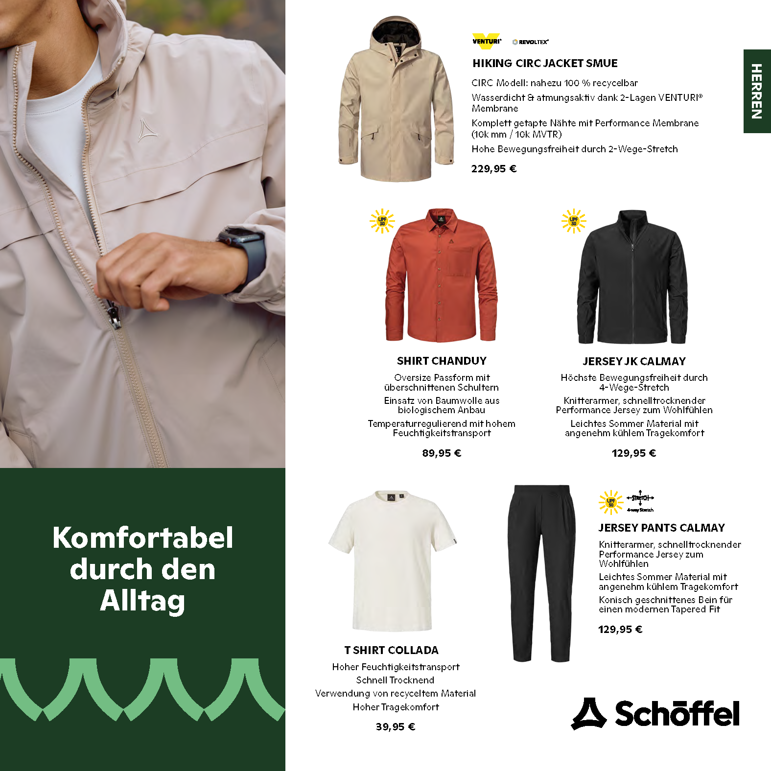 Schöffel Herrenmode Flyer mit Jacken, Hemd, T-Shirt und Hose, Komfortabel durch den Alltag
