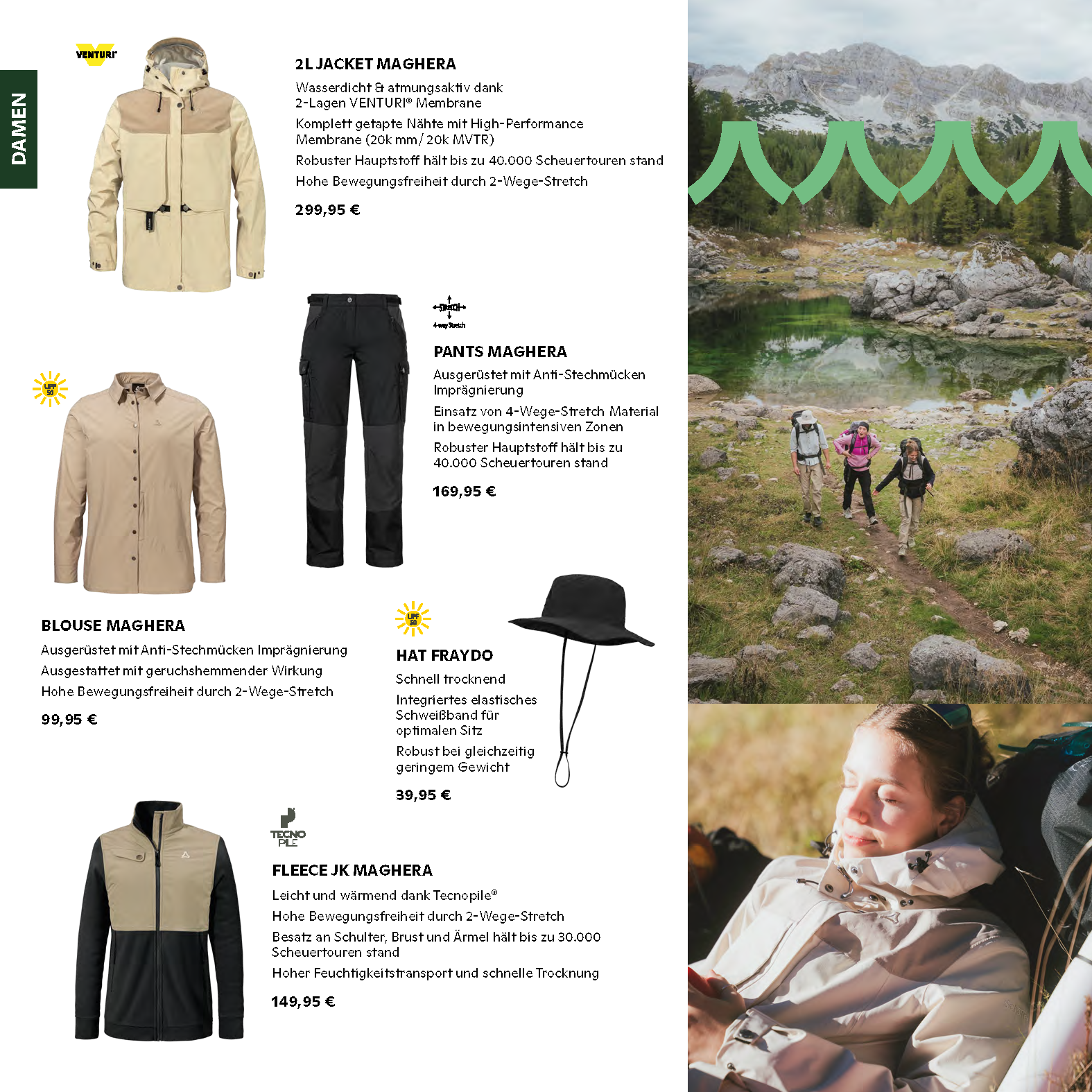 SLS Flyer FS26 Damen Outdoorbekleidung Maghera Kollektion mit Jacke, Hose, Bluse, Fleece und Hut sowie Wanderer in den Bergen