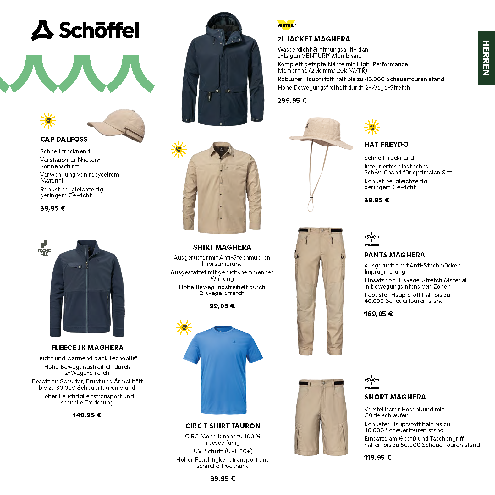 Schöffel Herrenbekleidung Flyer mit Jacke, Hemd, Hose, Shorts, T-Shirt, Cap und Hut aus der Maghera und Tauron Kollektion