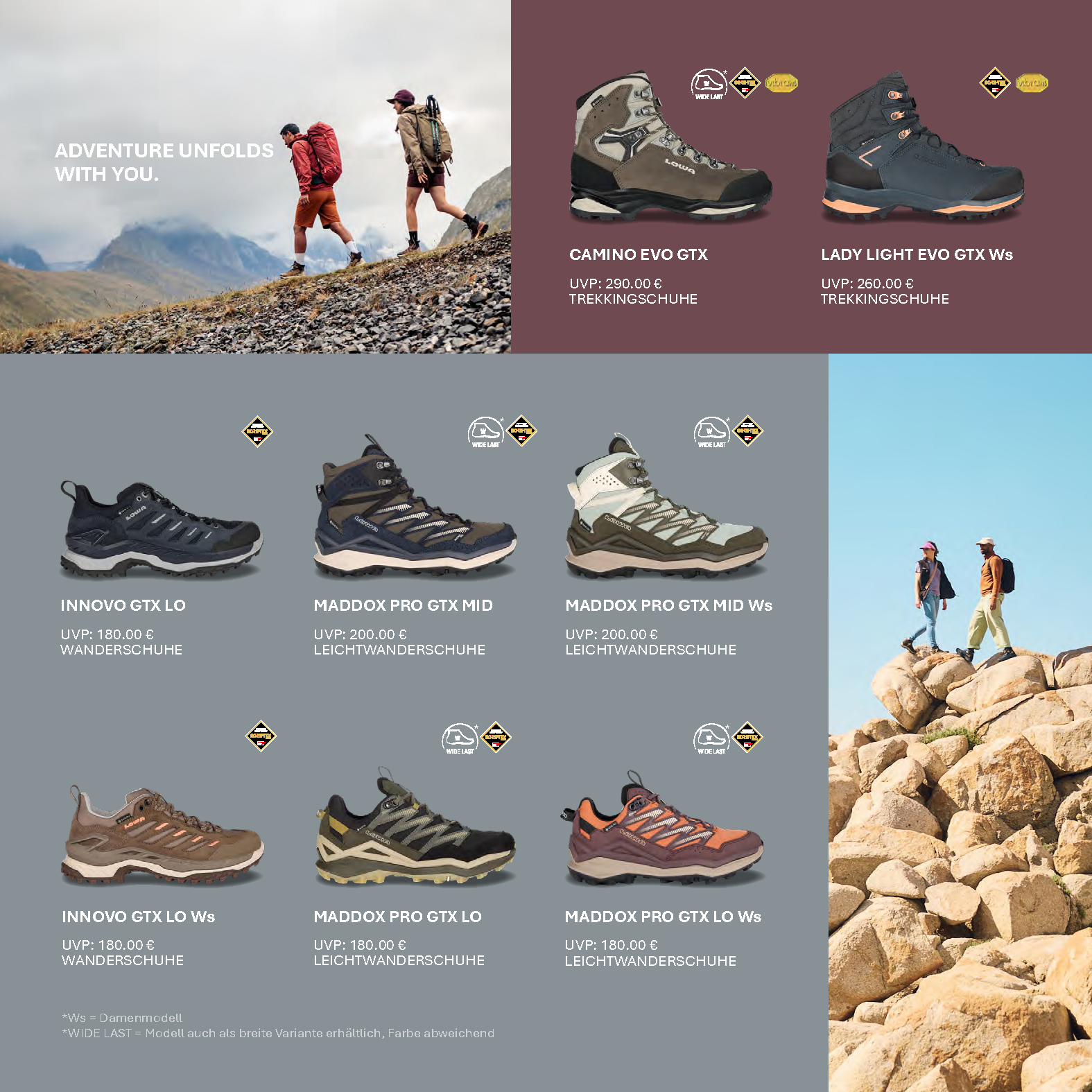 SLS Flyer Wanderschuhe und Trekkingschuhe Übersicht mit Modellen wie Camino EVO GTX, Lady Light EVO GTX und Maddox PRO GTX