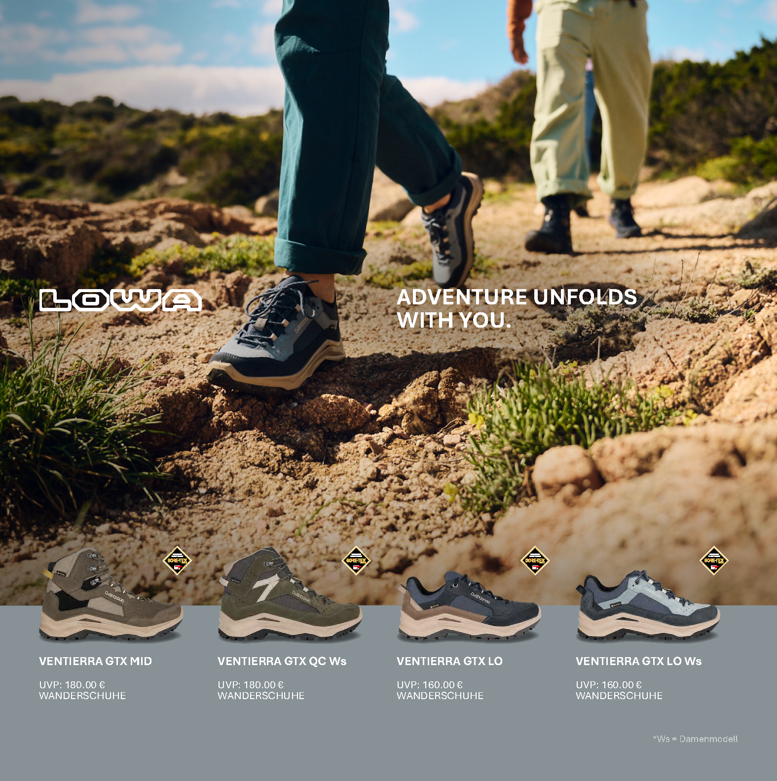 LOWA VENTIERRA GTX Wanderschuhe Flyer mit verschiedenen Modellen auf felsigem Wanderweg