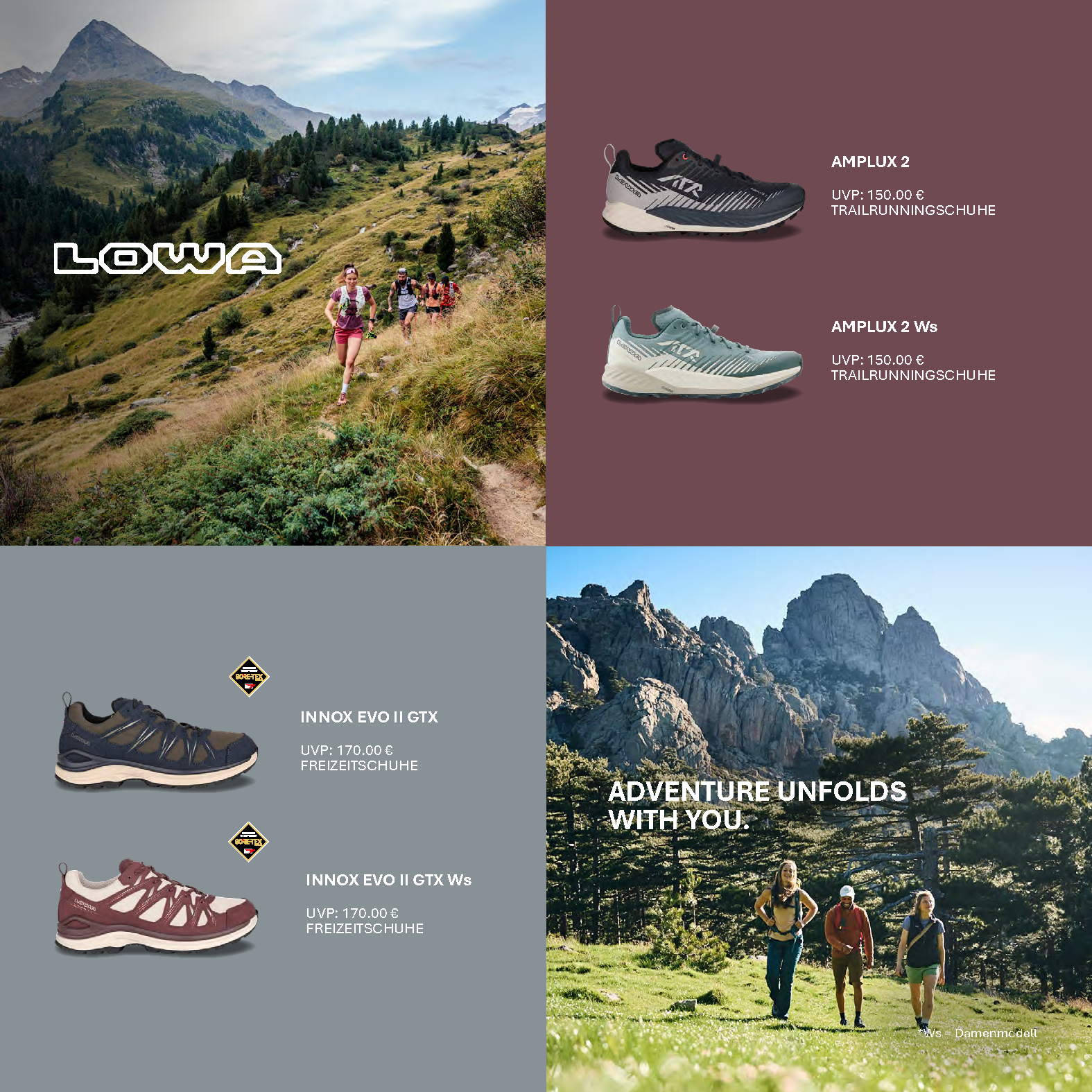 LOWA Flyer mit Trailrunningschuhen AMPLUX 2, AMPLUX 2 Ws und Freizeitschuhen INNOX EVO II GTX, INNOX EVO II GTX Ws vor Berglandschaft