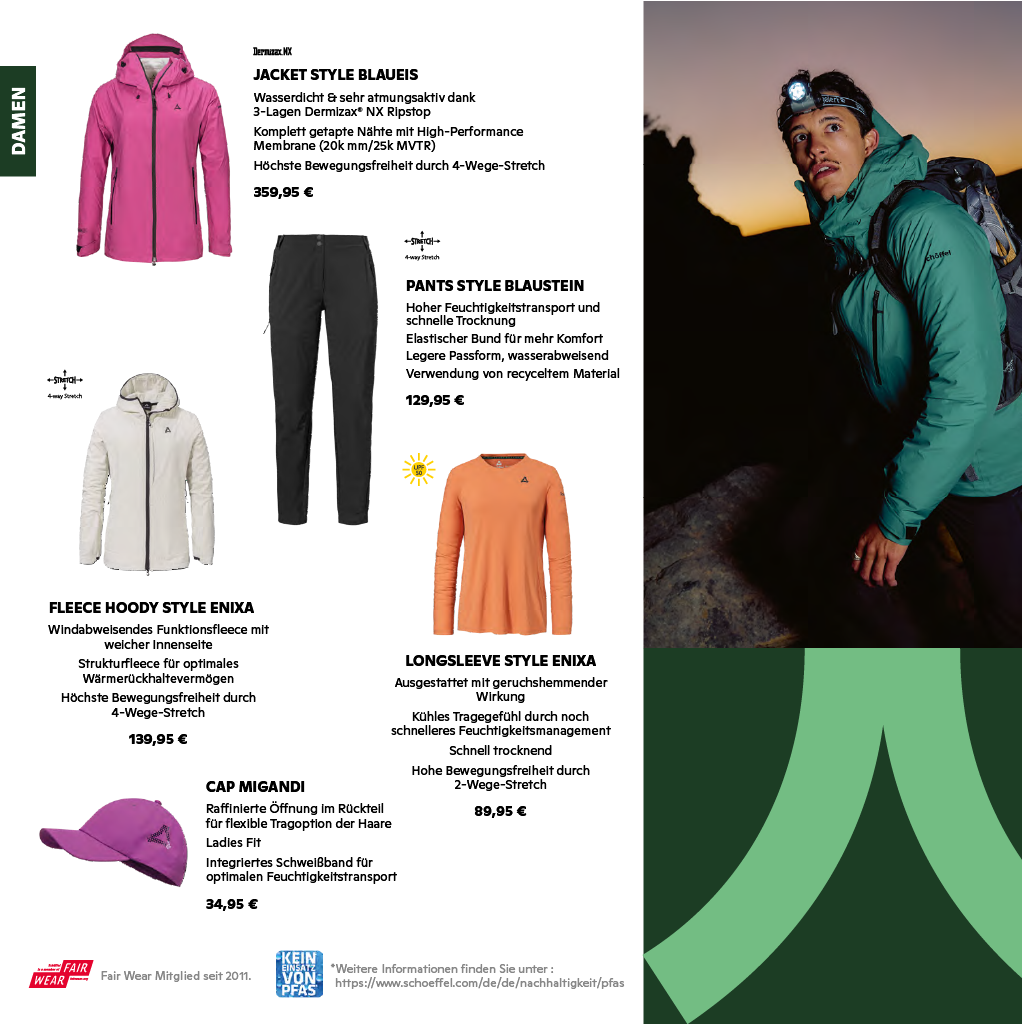 Damen Outdoor Bekleidung von Schöffel: Jacke, Hose, Fleece Hoody, Longsleeve und Cap für Wanderungen