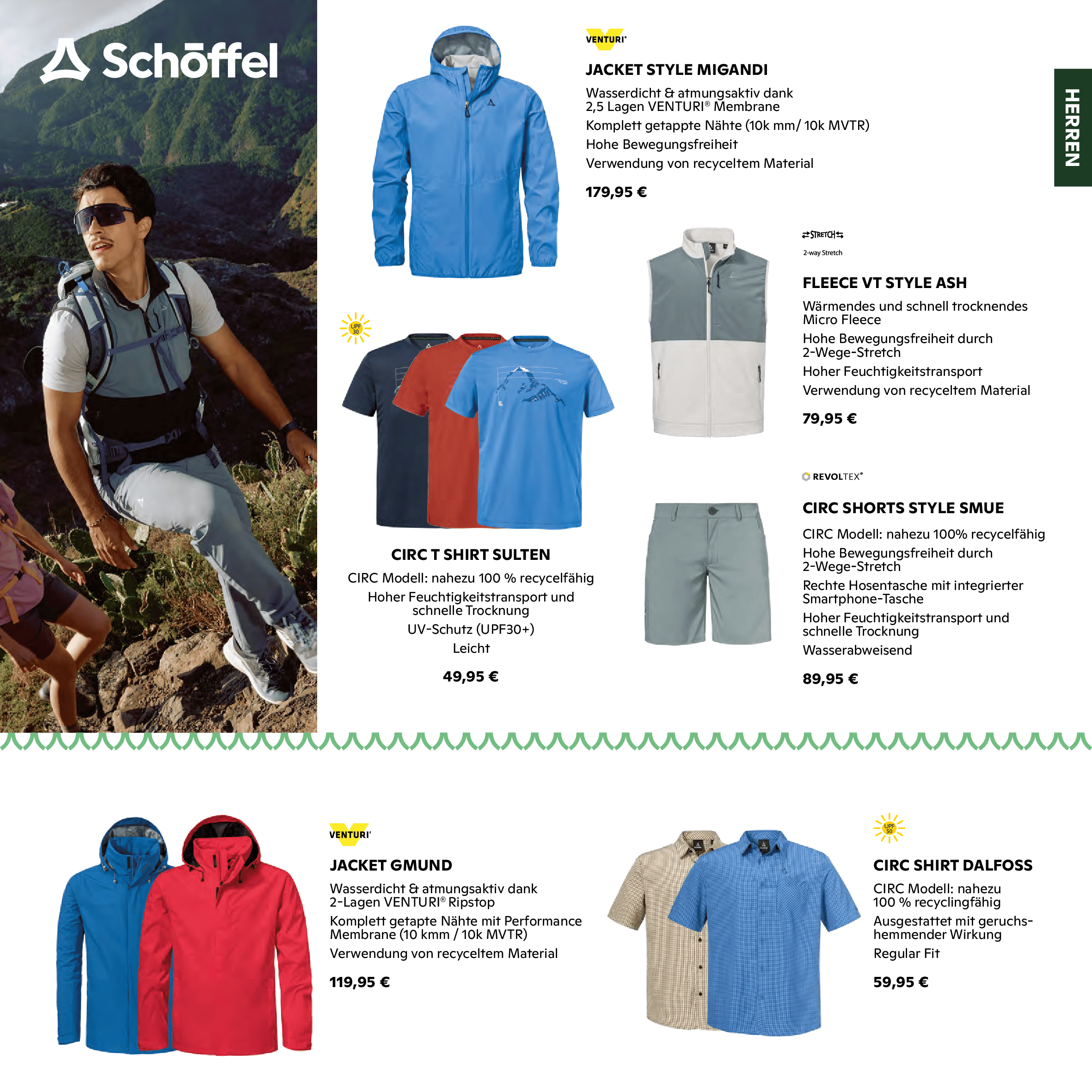 Schöffel Herren Outdoor Bekleidung Kollektion 2024 mit Jacken, T-Shirts und Shorts, Produktübersicht aus Flyer