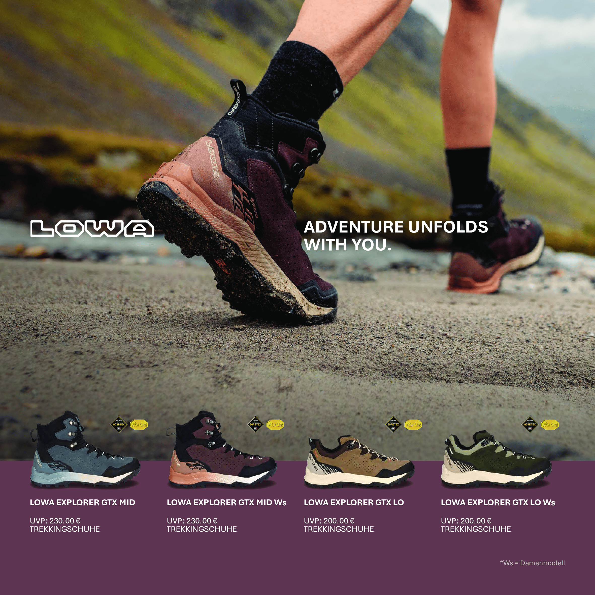 LOWA Explorer GTX Trekkingschuhe Flyer mit verschiedenen Modellen in Outdoor-Umgebung