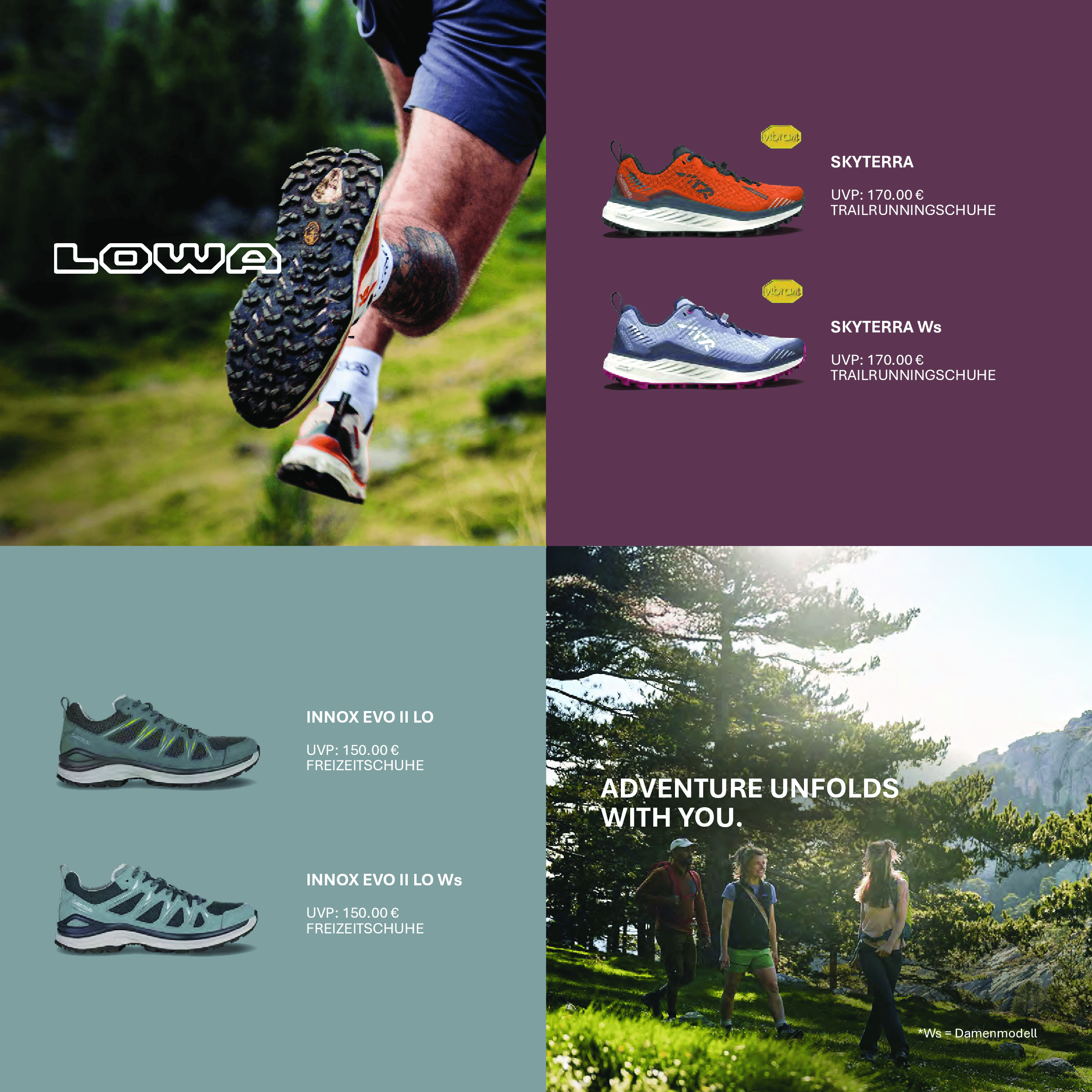 LOWA Trailrunningschuhe und Freizeitschuhe Skyterra und Innox Evo II LO im Flyer FS26, Outdoor-Werbung mit Wanderern